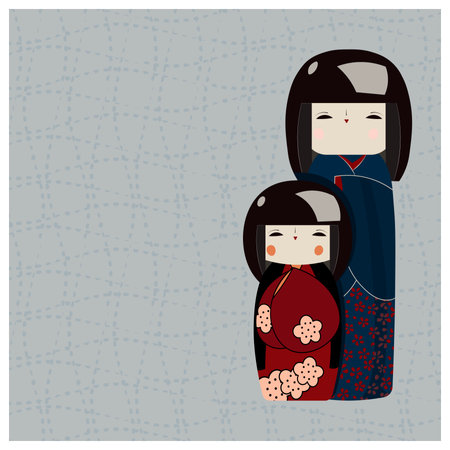Vector template. Greeting card with Japanese dolls (Kokeshi) in traditional national costumeのイラスト素材