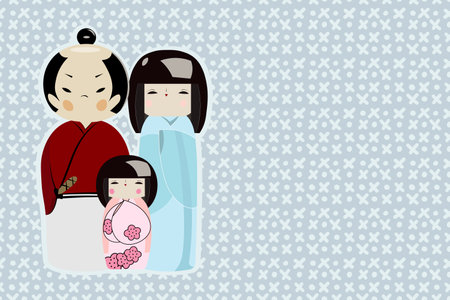 Vector template. Greeting card with Japanese dolls (Kokeshi) family in traditional national costumeのイラスト素材