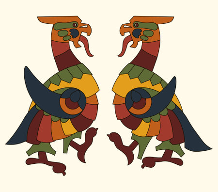 Vector illustration: fairy birds isolated on a white background in neo-Russian styleのイラスト素材