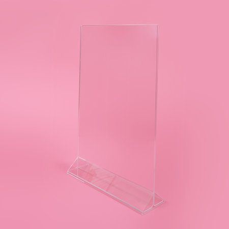 Transparent menu holder isolated on pink backgroundの写真素材
