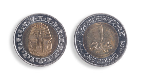 Egyptian 1 pound coin (obverse and reverse) isolated on a white background. Arabic inscription means "Arab Republic of Egypt. 1 pound" in English. Design element with clipping pathの写真素材