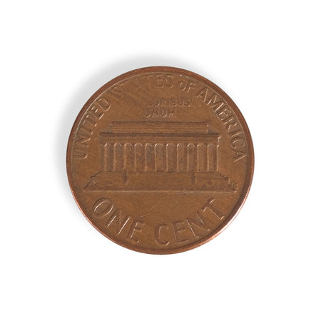 United States one-cent coin reverse isolated on white background. Design element with clipping path