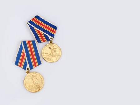 Russian commemorative medal In memory of the 250th anniversary of St. Petersburg isolated on a white...