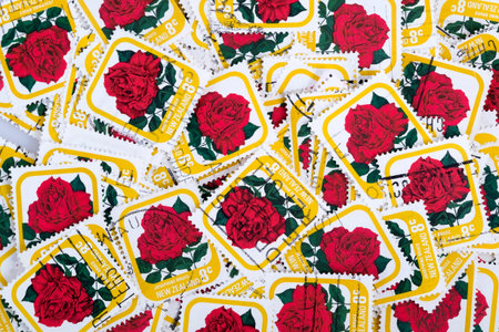 Background of bright New Zealand postage stamps depicting the rose Josephine Bruce