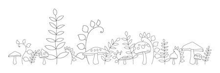 Vector coloring page. Postcard or poster template with natural motif of foliage and mushroomsのイラスト素材