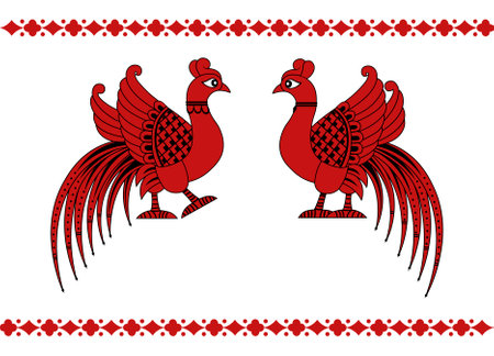 Vector illustration: Two Firebirds isolated on a white background in Russian styleのイラスト素材