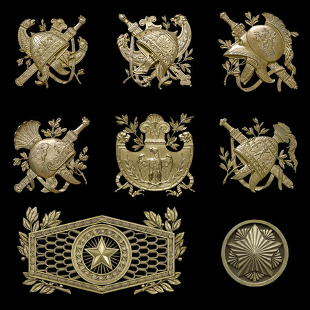 Golden decorative elements of the interior with the image of the helmet from the ancient Greek myth....