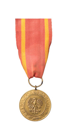 Polish medal of Victory and Freedom 1945 isolated on white background. The inscription means "Polish Republic". Design element with clipping pathの写真素材