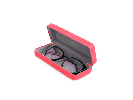 Glasses in a red case isolated on a white backgroundの写真素材