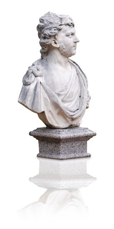 Marble antique bust of god on granite pedestal isolated on white background Design element with clipping pathの写真素材