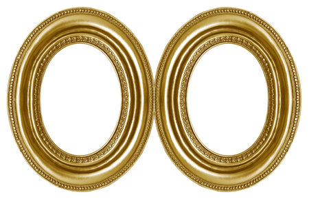 Double oval golden frame (diptych) for paintings, mirrors or photos isolated on white background. Design element with clipping pathの写真素材
