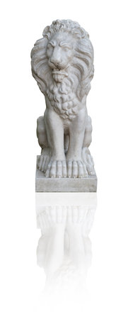 Stone lion statue isolated on white background. Design element with clipping pathの写真素材
