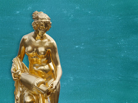 Spa salon poster template. Golden statue of a girl with a jug on a blue background. Design element with clipping pathの写真素材