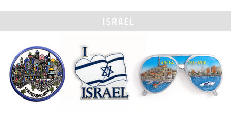 Souvenirs (magnets) from Israel isolated on white backgroundの写真素材
