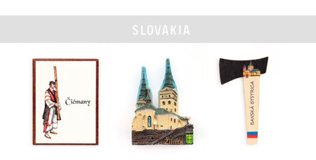 Souvenirs (magnets) from Slovakia isolated on white background. The inscription on the Slovak language means name of the Slovak city "Tchitchmany, Zhilina, Banska Bystrica" in Englishの写真素材