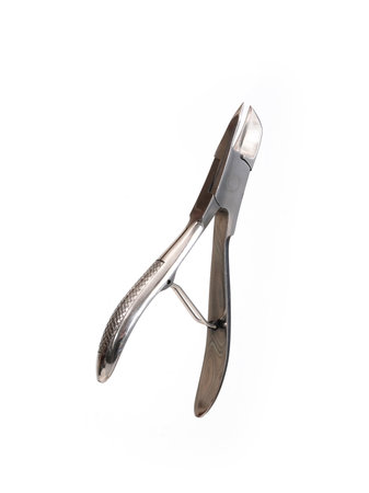 A pair of stainless steel nail clippers isolated on a white backgroundの写真素材