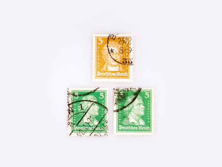 Germany postage stamps isolated on white background with portraits of poets Goethe and Schillerの写真素材