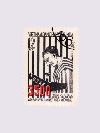 Vietnam postage stamp 3500 downed US plane isolated on white backgroundの写真素材