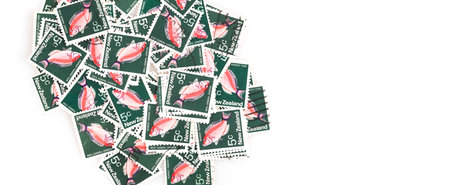 Background of bright New Zealand postage stamps depicting the scarlet parrot fishの写真素材