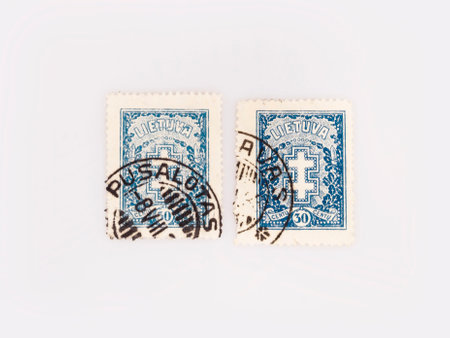 Lithuanian postage stamps 1927-1929 with postmark isolated on white backgroundの写真素材