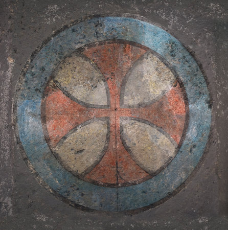 Fresco in an old Christian church depicting a cross. Isolated backgroundの写真素材