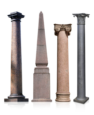 Marble, bronze and stone columns isolated on a white background