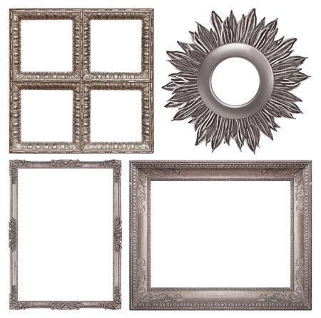 Set of silver frames for paintings, mirrors or photo isolated on white background