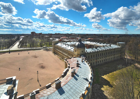 Bird's eye view of the city of Gatchina (Russia) and the Gatchina Palace on a sunny spring dayの写真素材