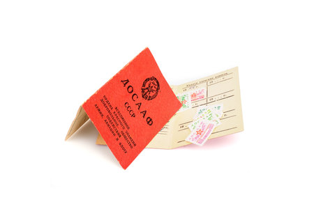 Membership card of the Soviet Defense Sports-Technical Organization (DOSAAF) isolated on a white backgroundの写真素材