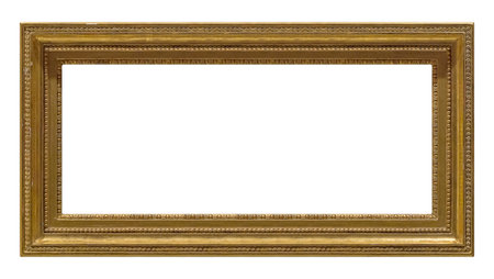 Panoramic golden frame for paintings, mirrors or photo isolated on white background. Design element with clipping pathの写真素材