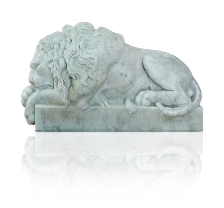 Stone lion statue isolated on white background. Design element with clipping pathの写真素材