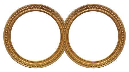 Double round golden frame (diptych) for paintings, mirrors or photos isolated on white background. Design element with clipping pathの写真素材