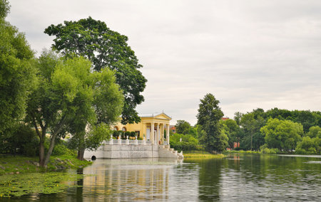 Tsaritsyn Pavilion at Olga's pond, Petrodvorets (Peterhof, St. Petersburg, Russia), summer glory, mirror reflectionの写真素材