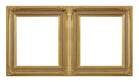 Double golden frame (diptych) for paintings, mirrors or photos isolated on white backgroundの写真素材