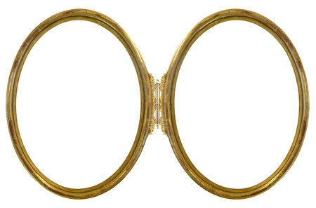 Double oval golden frame (diptych) for paintings, mirrors or photos isolated on white background. Design element with clipping pathの写真素材