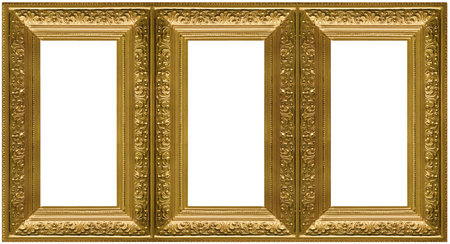 Triple golden frame (triptych) for paintings, mirrors or photos isolated on white background. Design element with clipping pathの写真素材