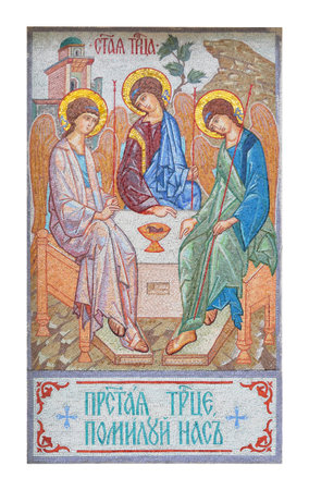 Byzantine-style mosaic of the Holy Trinity (after Andrei Rublev), sacred Orthodox icon on white...
