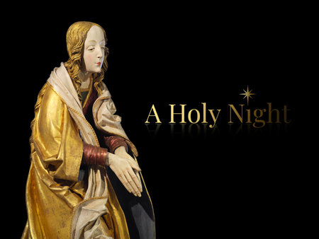 Kneeling Virgin Mary from the Nativity Altar by Master Pavol of LevoÄa with calligraphy isolated on black background, high resolution. Design element with clipping pathの写真素材