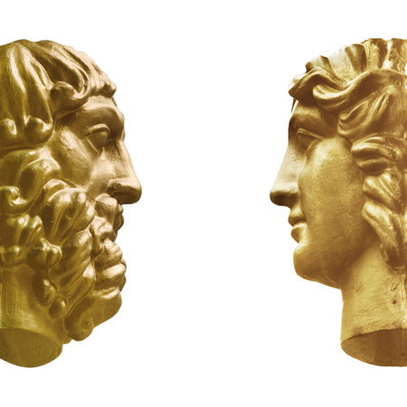 Decorative golden heads of antique god and goddess isolated on white background. Design element with clipping pathの写真素材