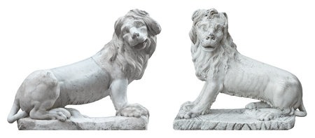 Two white marble lion statues isolated on white background with reflection, extremely high resolution, clipping pathの写真素材