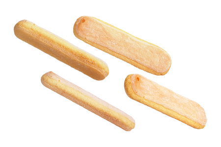 Set of Isolated long ladyfingers biscuits for tiramisu on white background. Design element with clipping path, cutout ready. Extremely high resolutionの写真素材
