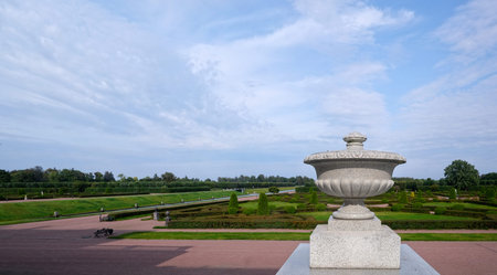 Panoramic view of the park from Konstantinovsky Palace terrace with antique vase in foreground, Strelna, Saint Petersburg, Russiaの写真素材