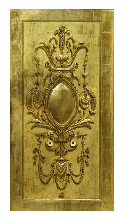 Golden decorative architectural panel with floral ornament isolated on a white backgroundの写真素材