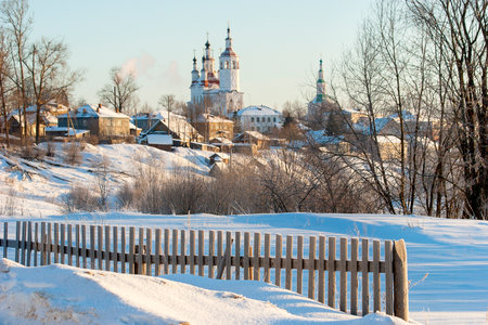 Sunny Winter Day in Totma. Trinity Church dominates the landscape. Totma city, Russiaの写真素材