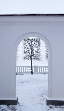 Winter view of the Gulf of Finland from the terrace of Monplaisir Palace in Peterhof. Peterhof, Petrodvorets, Saint Petersburg, Russiaの写真素材