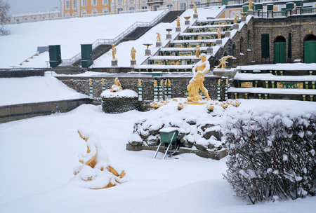Winter landscape in the park of Petrodvorets Park (Peterhof, St. Petersburg). View of the grand staircaseの写真素材