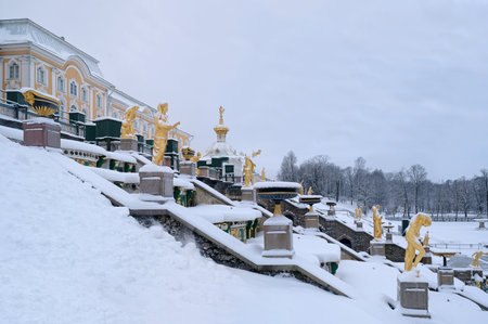 Winter landscape in the park of Petrodvorets Park (Peterhof, St. Petersburg). View of the grand staircaseの写真素材