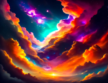 Colorful cosmic background with glowing clouds and stars. Vector illustration.の素材