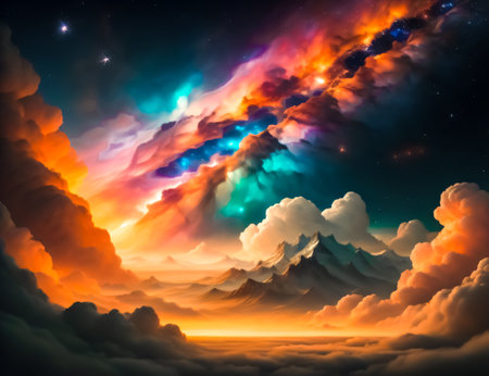 Fantasy colorful sky with clouds and sun. 3d illustration.の素材