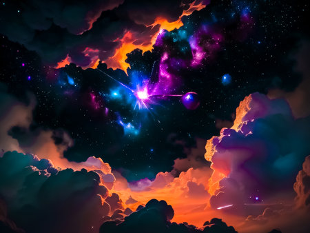 Night sky with clouds and stars. Colorful background. Vector illustration.の素材